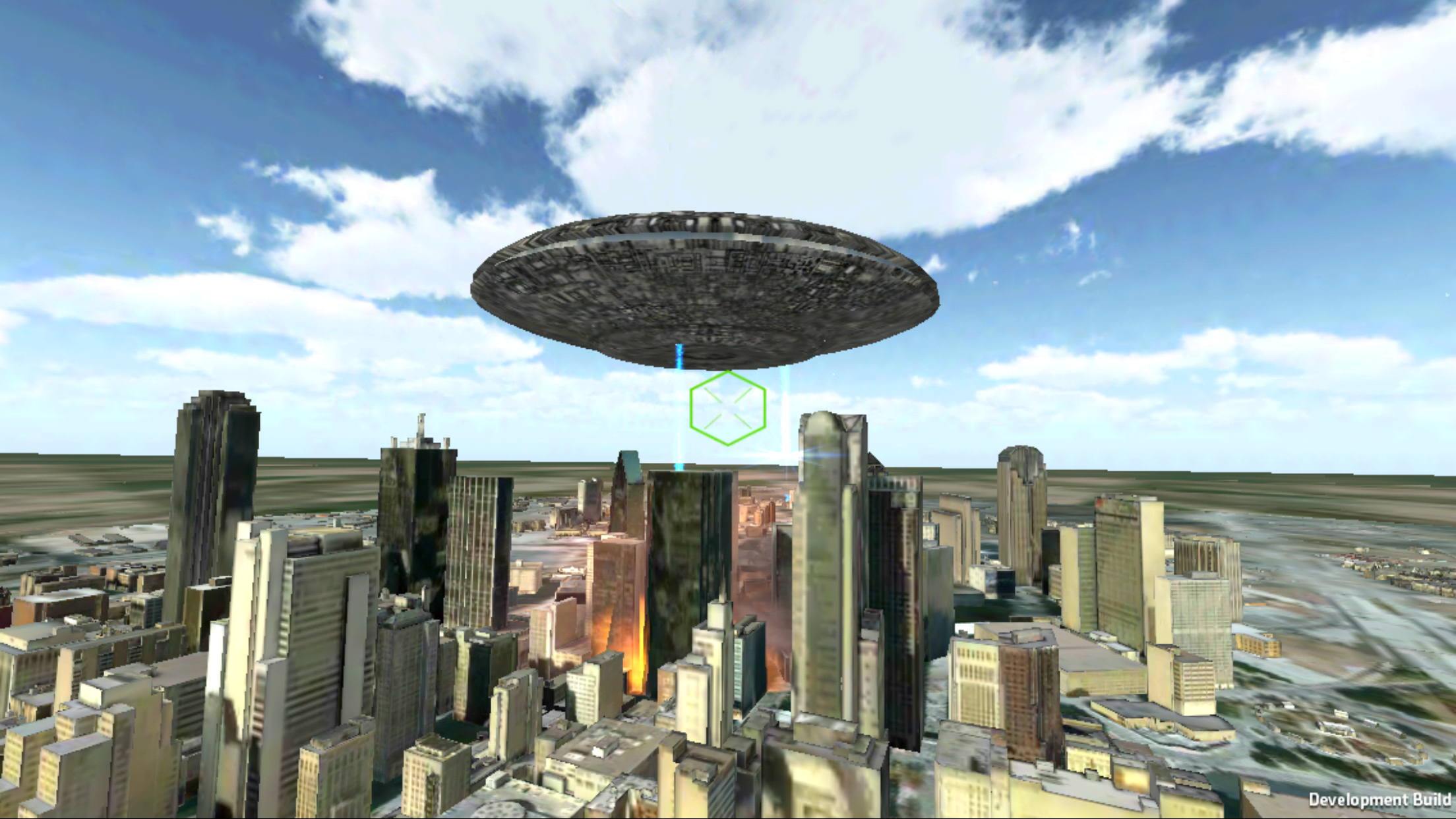 Save Dallas — mothership hovering over the Dallas skyline