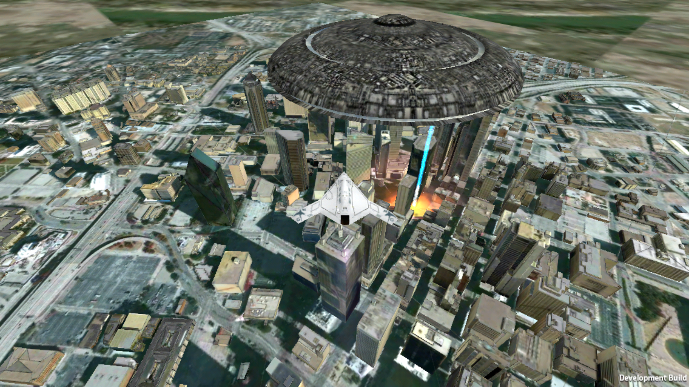 Save Dallas — a fighter and mothership over downtown Dallas